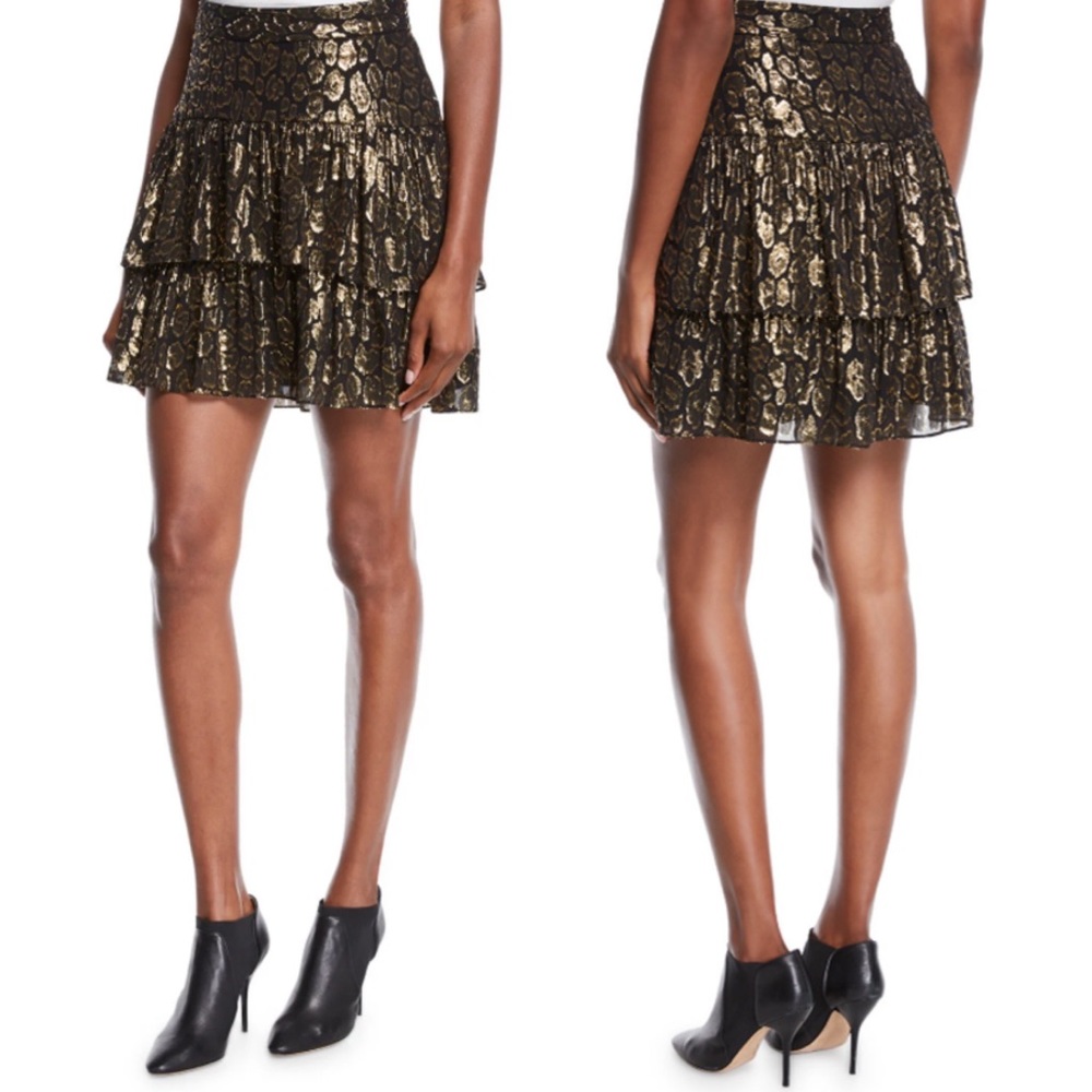 A.L.C. ALC Baxter Tiered Metallic Skirt Size 2 Leopard Animal Print Gold Silk